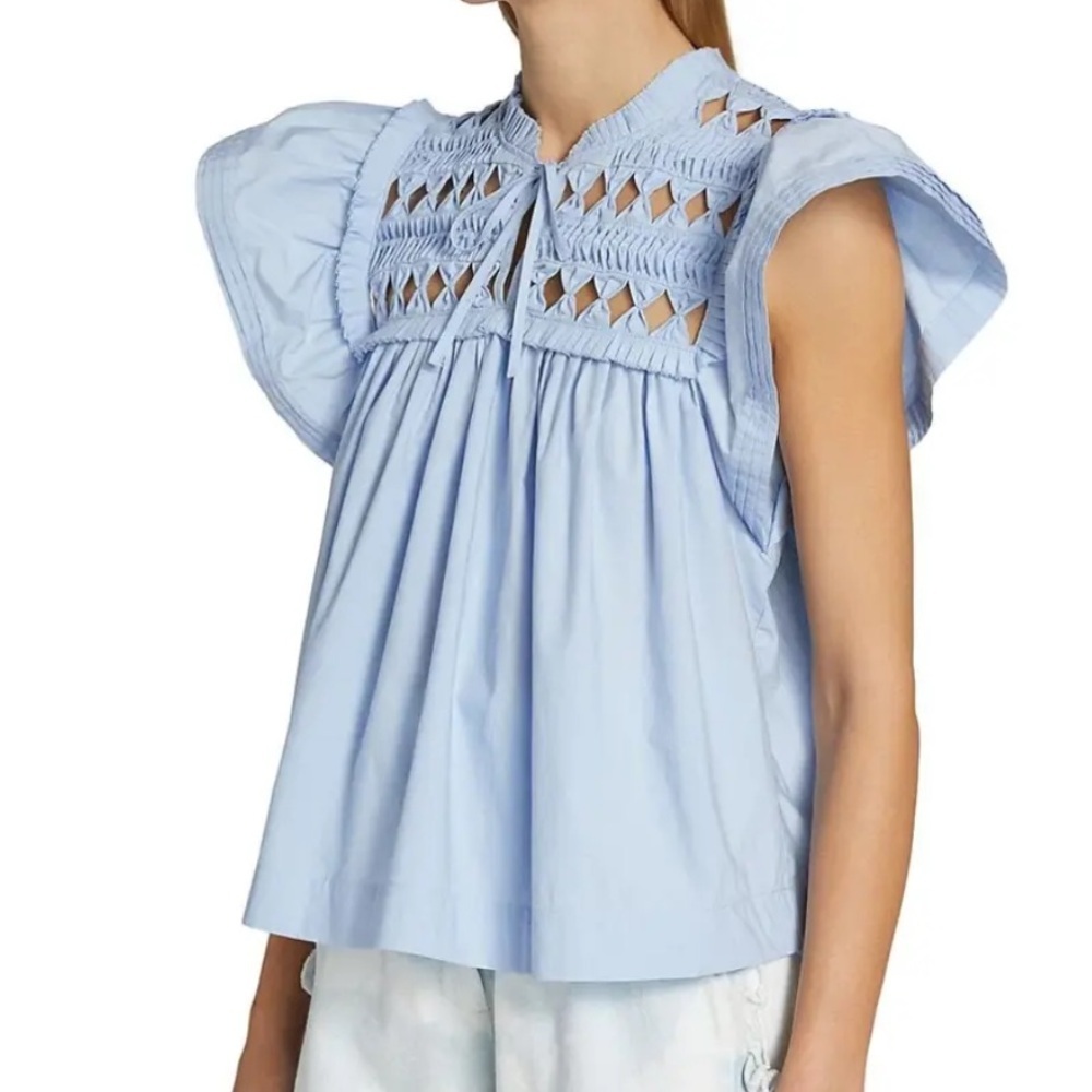 Sea New York Light Blue Smocked Cap Sleeve Cutout Top Short Sleeve Blouse size S - Picture 7 of 9